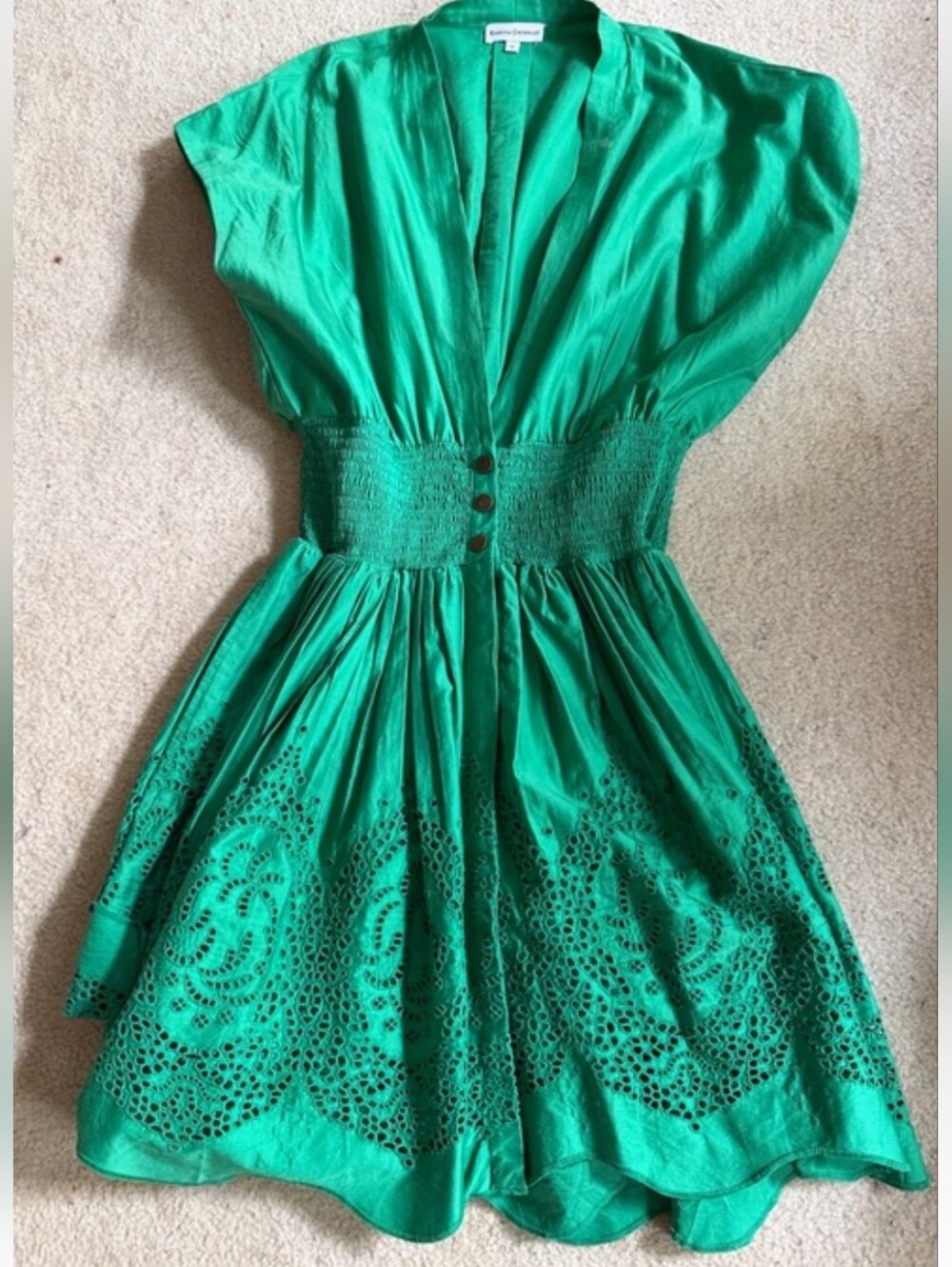 Karina Grimaldi Hayley Mini Dress Beautiful Green Eyelet Smocked Waist Cotton M